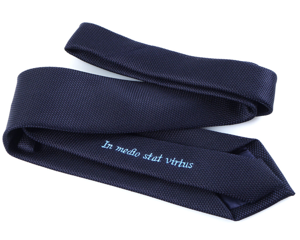 Semantic handmade tie, motto “In medio stat virtus”